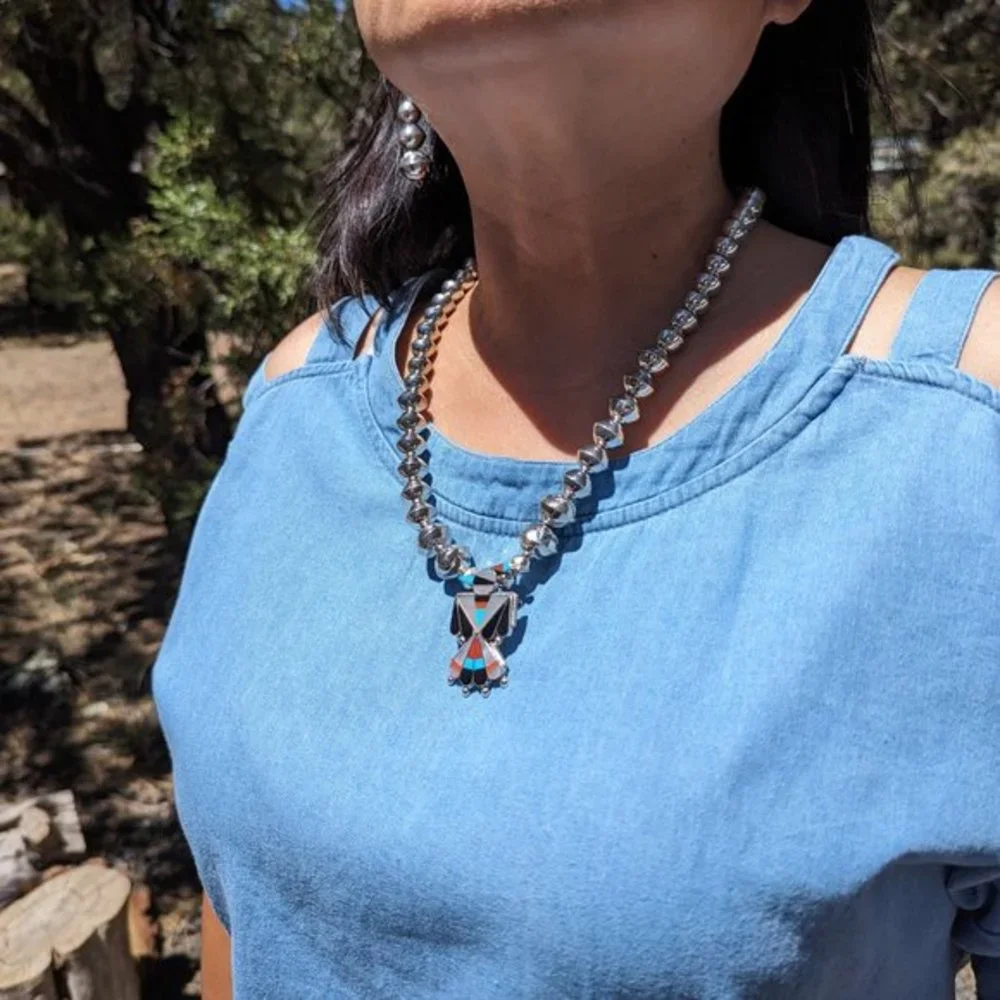 Navajo Jewelry Necklace Earrings Set Sterling Silver Beads Thunderbird Pendant *